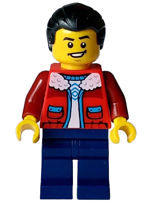 Man - Red Jacket over White Shirt, Dark Blue Legs, Black Hair with Short Ponytail