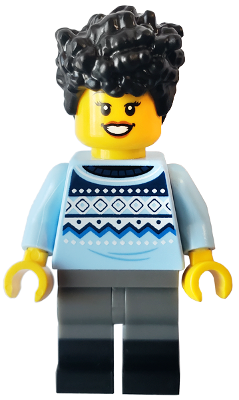 Camper - Female, Bright Light Blue Knit Fair Isle Sweater, Dark Bluish Gray Legs with Black Boots, Black Hair