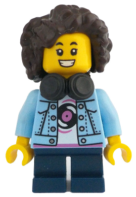 Child - Girl, Bright Light Blue Denim Jacket over Shirt with Record, Dark Blue Short Legs, Dark Brown Short Hair with Curls and Corn Rows, Black Headphones