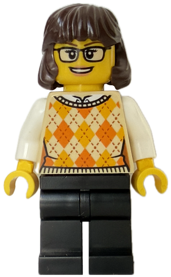 Woman - Tan Knit Argyle Sweater Vest, Black Legs, Dark Brown Hair, Glasses