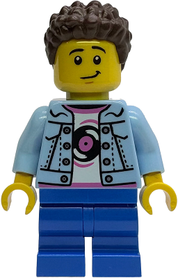 Child - Boy, Grandson, Bright Light Blue Denim Jacket over Shirt with Record, Blue Medium Legs, Dark Brown Coiled Short Hair