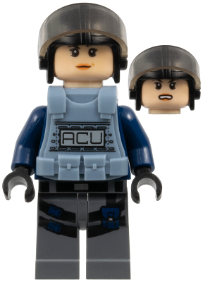 ACU Trooper - Female, Black Aviator Cap with Trans-Brown Visor, Light Nougat Head, Sand Blue Body Armor Vest