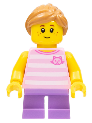 Child - Girl, Bright Pink Striped Shirt with Cat Head, Medium Lavender Short Legs, Medium Nougat Ponytail, Freckles