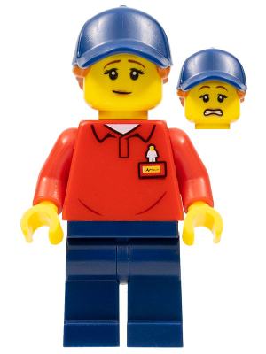 LEGOLAND Park Worker Female with Dark Blue Hat and Dark Orange Ponytail, Red Polo Shirt with 'LEGOLAND' on Back and Dark Blue Legs