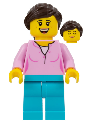 LEGOLAND Park Female with Dark Brown Ponytail, Bright Pink Shirt, Medium Azure Legs