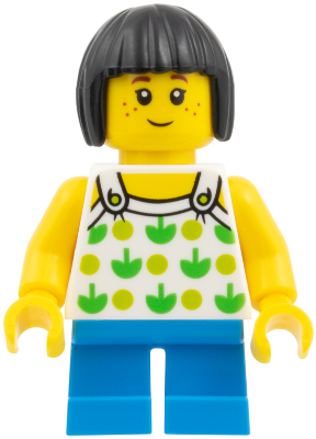 Child - Girl, White Halter Top with Green Apples and Lime Spots, Dark Azure Short Legs, Black Bob Cut Hair, Freckles
