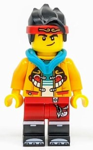 Monkie Kid - Bright Light Orange Open Jacket with Monkey Head Logo, Dark Turquoise Hood, Smirk / Angry