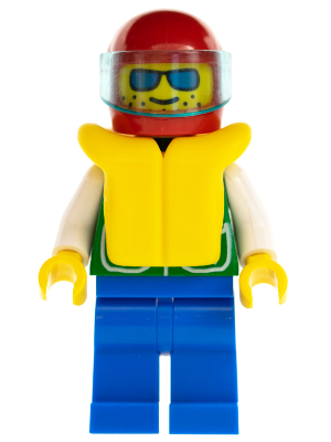 Jacket Green with 2 Large Pockets - Blue Legs, Sunglasses, Red Helmet, Trans-Light Blue Visor, Life Jacket
