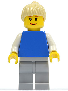Plain Blue Torso with White Arms, Light Bluish Gray Legs, Tan Ponytail Hair