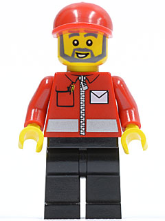 Post Office White Envelope and Stripe, Black Legs, Red Short Bill Cap, Gray Beard