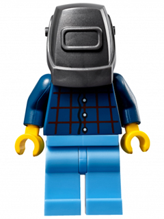 Mechanic - Male, Plaid Button Shirt, Medium Blue Legs, Pearl Dark Gray Welding Helmet, Frown and Sweat Drops