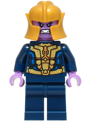 Thanos - Minifigure, Dark Blue and Gold Outfit, Dark Blue Arms, Medium Lavender Hands, Helmet
