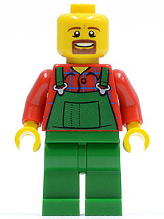 LEGO Brand Store Male, Overalls Farmer Green, Brown Moustache and Goatee (no specific back printing) {Glasgow}