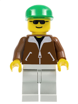 Jacket Brown - Light Gray Legs, Green Cap, Black Sunglasses