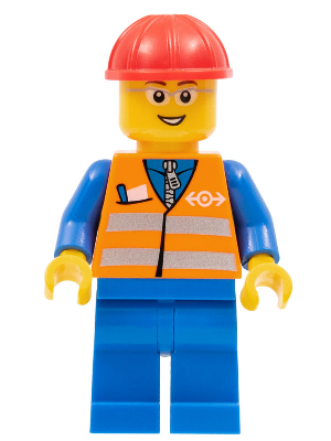 Orange Vest with Safety Stripes - Blue Legs, Gray Frame Glasses, Red Construction Helmet