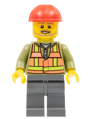 Light Orange Safety Vest, Dark Bluish Gray Legs, Red Construction Helmet, Beard Light Brown Angular