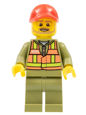 Train Driver - Orange Safety Vest with Lime Straps, Olive Green Legs, Red Cap with Hole, Beard Dark Tan Angular