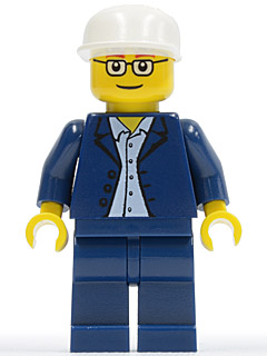 Dark Blue Jacket, Light Blue Shirt, Dark Blue Legs, Square Glasses, White Cap