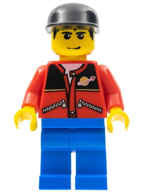Red Jacket with Zipper Pockets and Classic Space Logo, Blue Legs, Black Cap