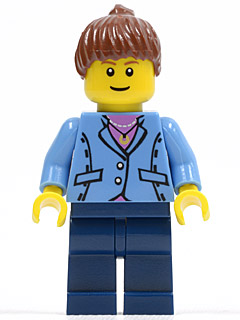 Medium Blue Jacket, Dark Blue Legs, Reddish Brown Ponytail Hair
