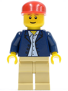 Dark Blue Jacket, Light Blue Shirt, Tan Legs, Red Long Bill Cap
