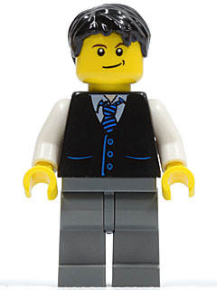 Black Vest with Blue Striped Tie, Dark Bluish Gray Legs, White Arms, Black Short Tousled Hair