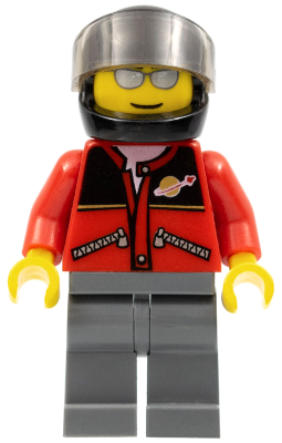 Red Jacket with Zipper Pockets and Classic Space Logo, Dark Bluish Gray Legs, Black Helmet, Silver Sunglasses