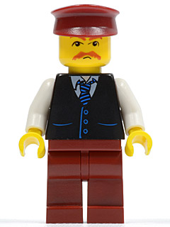 Black Vest with Blue Striped Tie, Dark Red Legs, White Arms, Dark Red Hat, Moustache