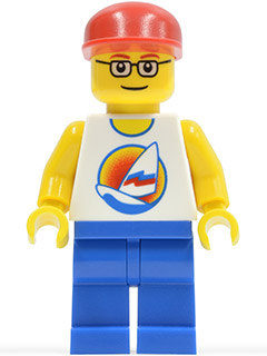 Surfboard on Ocean - Blue Legs, Red Cap, Red Eyebrows, Glasses