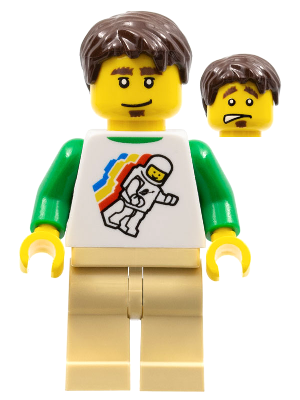 Classic Space Minifigure Floating Pattern, Tan Legs, Dark Brown Short Tousled Hair