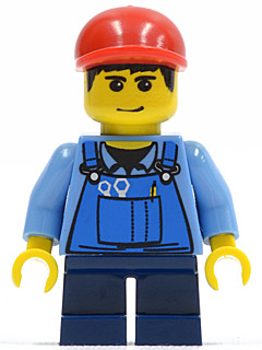 Overalls with Tools in Pocket Blue, Red Short Bill Cap, Dark Blue Short Legs
