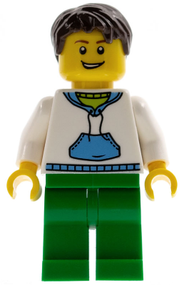White Hoodie with Medium Blue Pocket, Green Legs, Dark Brown Short Tousled Hair