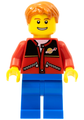 Red Jacket with Zipper Pockets and Classic Space Logo, Blue Legs, Dark Orange Short Tousled Hair