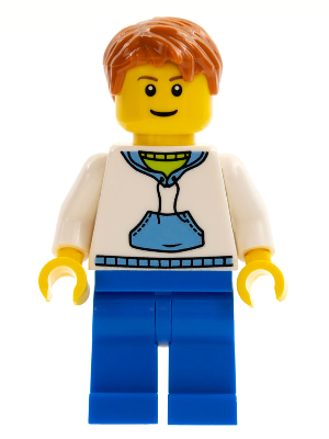 White Hoodie with Medium Blue Pocket, Blue Legs, Dark Orange Short Tousled Hair
