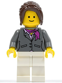 Dark Bluish Gray Jacket with Magenta Scarf, White Legs, Dark Brown Hair Ponytail Long with Side Bangs