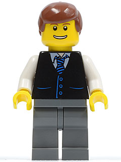 Black Vest with Blue Striped Tie, Dark Bluish Gray Legs, White Arms, Reddish Brown Male Hair