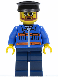 Blue Jacket with Pockets and Orange Stripes, Dark Blue Legs, Black Hat