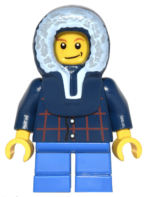 Plaid Button Shirt, Blue Short Legs, Dark Blue Hood, Lopsided Smile with Dimple