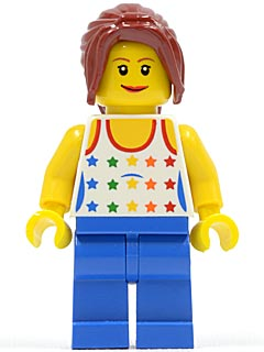 Shirt with Female Rainbow Stars Pattern, Blue Legs, Dark Red Hair Ponytail Long with Side Bangs