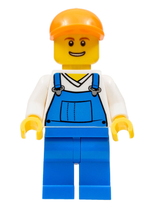 Overalls Blue over V-Neck Shirt, Blue Legs, Orange Short Bill Cap