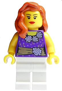 Female Dark Purple Blouse with Gold Sash and Flowers, White Legs, Red Lips