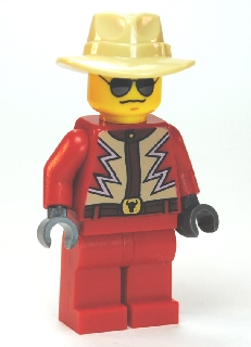 Red Jacket with Tan and White Zigzag Pattern, Red Legs, Tan Fedora, Black and Silver Sunglasses