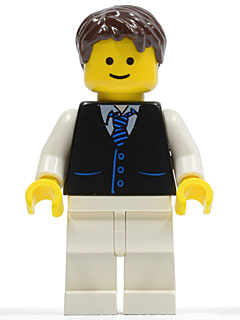 Black Vest with Blue Striped Tie, White Legs, Dark Brown Short Tousled Hair