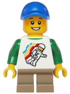 Classic Space Minifigure Floating Pattern, Short Dark Tan Legs, Blue Short Bill Cap