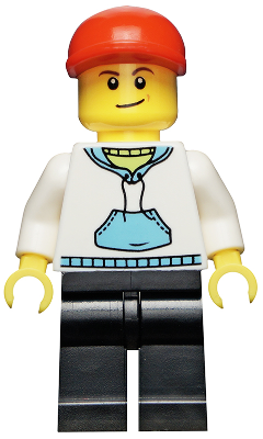 White Hoodie with Medium Blue Pocket, Black Legs, Red Short Bill Cap, Crooked Smile