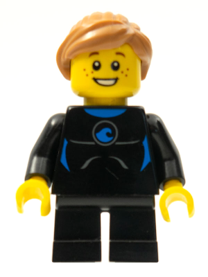 Wetsuit with Blue Sign, Black Short Legs, Medium Nougat Ponytail and Swept Sideways Fringe