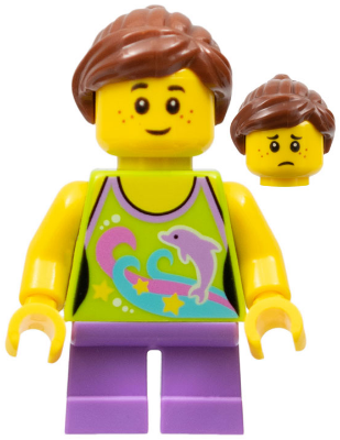 Girl, Dolphin Top, Short Medium Lavender Legs, Reddish Brown Ponytail and Swept Sideways Fringe