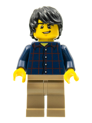 Plaid Button Shirt, Dark Tan Legs, Black Tousled Hair, Lopsided Grin, Chin Dimple