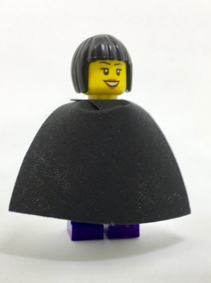 Female Dark Purple Blouse with Gold Sash and Flowers, Dark Purple Legs, Black Bob Cut Hair, Cape