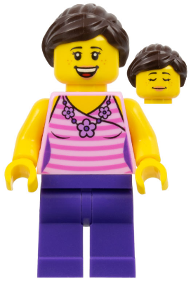 Female, Dark Pink Striped Top, Dark Purple Legs, Dark Brown Hair Ponytail and Swept Sideways Fringe